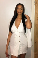 White Button Front Cape Sleeve Blazer Dress - Abraya-Dresses