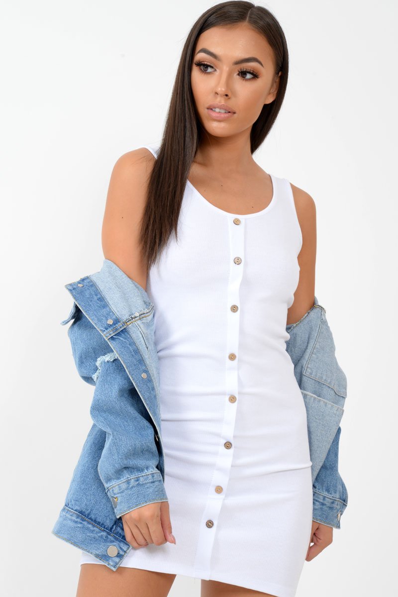 White Button Front Ribbed Bodycon Dress - Oliviana-Dresses