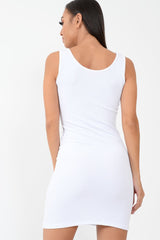White Button Front Ribbed Bodycon Dress - Oliviana-Dresses