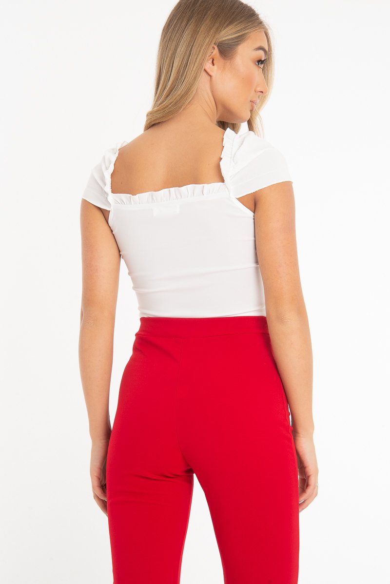 White Button Front Ruffle Top - Franceska-Tops