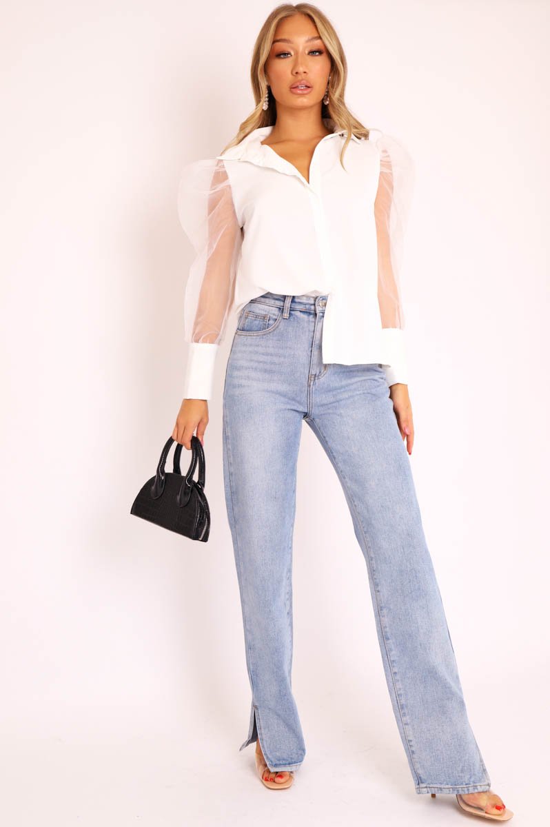 White Button Front Sheer Long Sleeve Shirt - Fay-Shirts