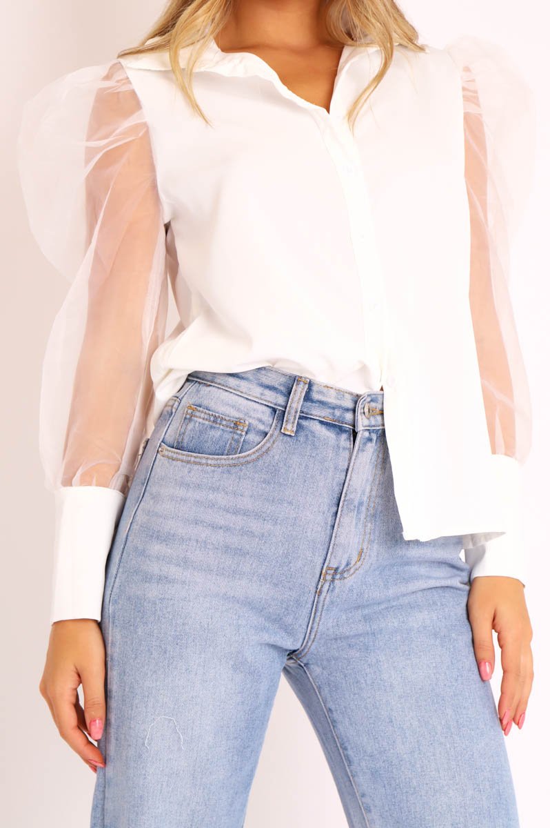 White Button Front Sheer Long Sleeve Shirt - Fay-Shirts