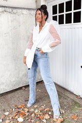 White Button Front Sheer Long Sleeve Shirt - Fay-Shirts