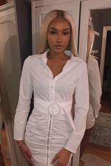 White Button Zip Detail Belted Shirt Dress - Arabelle-Dresses