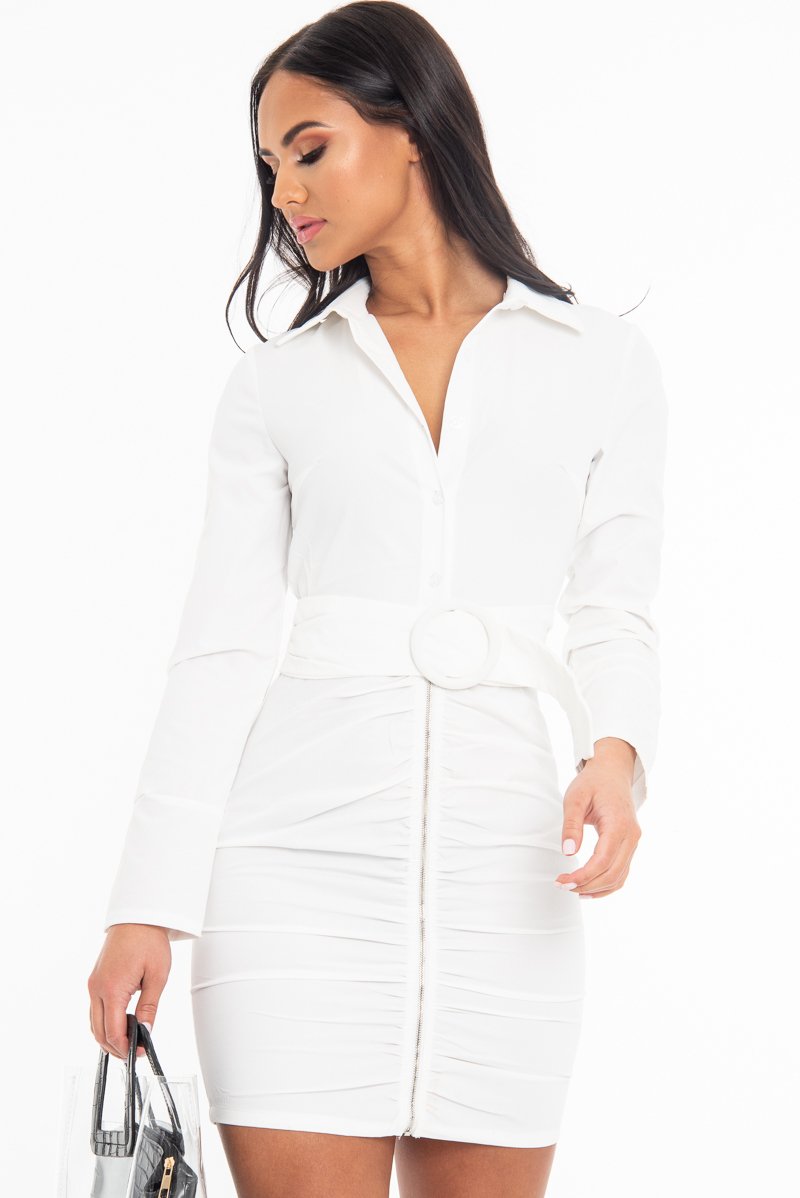 White Button Zip Detail Belted Shirt Dress - Arabelle-Dresses
