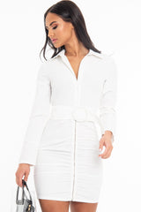 White Button Zip Detail Belted Shirt Dress - Arabelle-Dresses