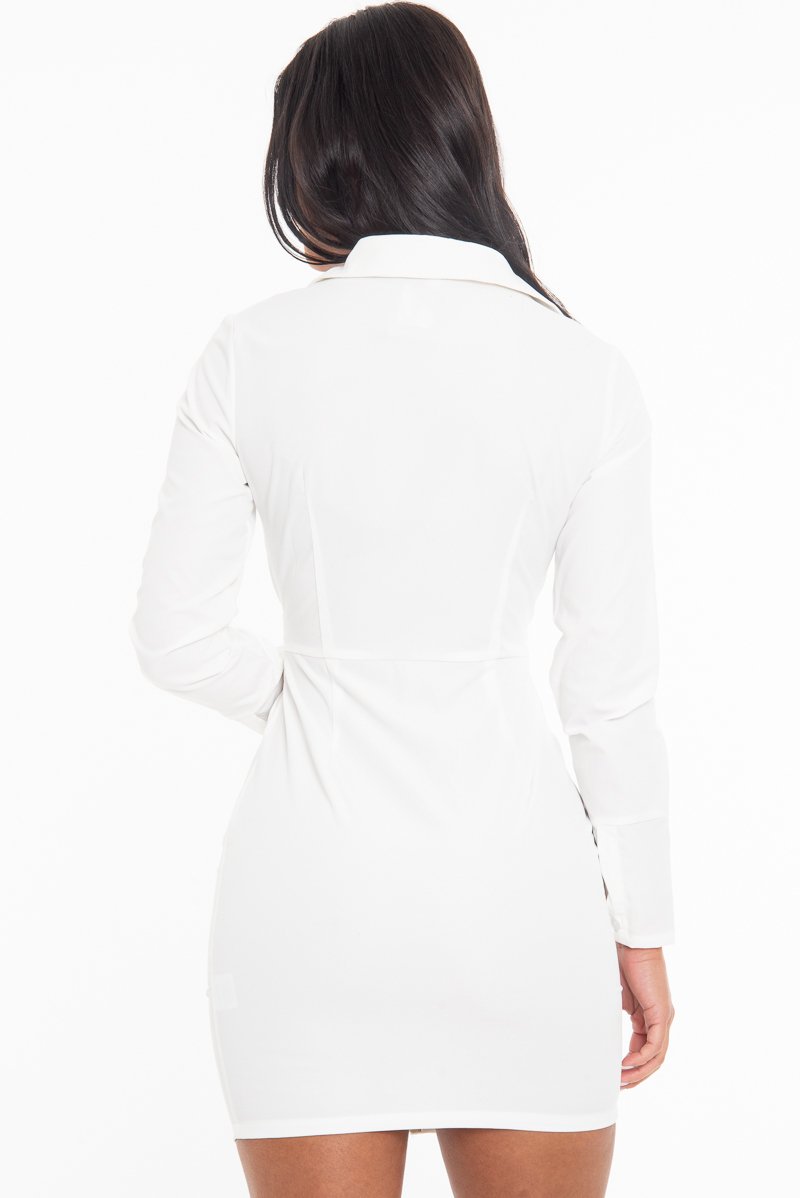White Button Zip Detail Belted Shirt Dress - Arabelle-Dresses