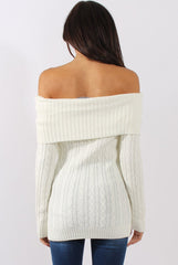 White Cable Knit Bardot Top - Deakin-Tops