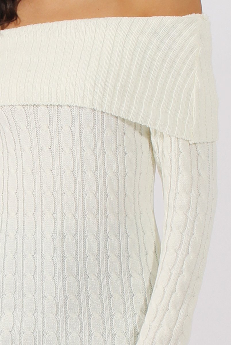 White Cable Knit Bardot Top - Deakin-Tops