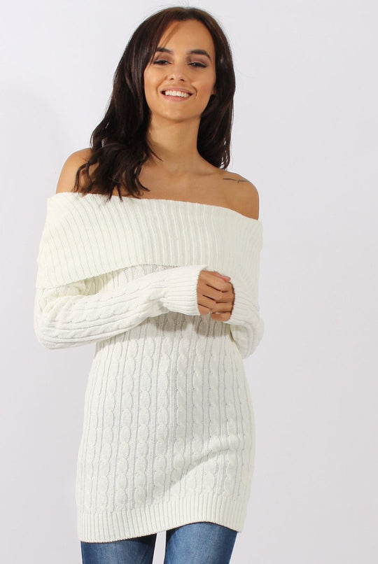 White Cable Knit Bardot Top - Deakin