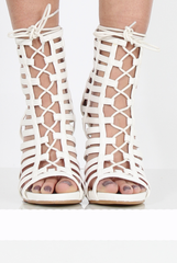 White Caged Lace Up Heels - Jane-Heels