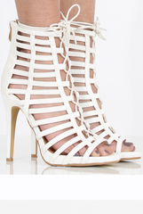 White Caged Lace Up Heels - Jane-Heels