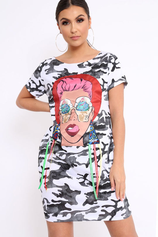 White Camo Crew Neck Girls Face T-shirt Dress with Tassels - Sway