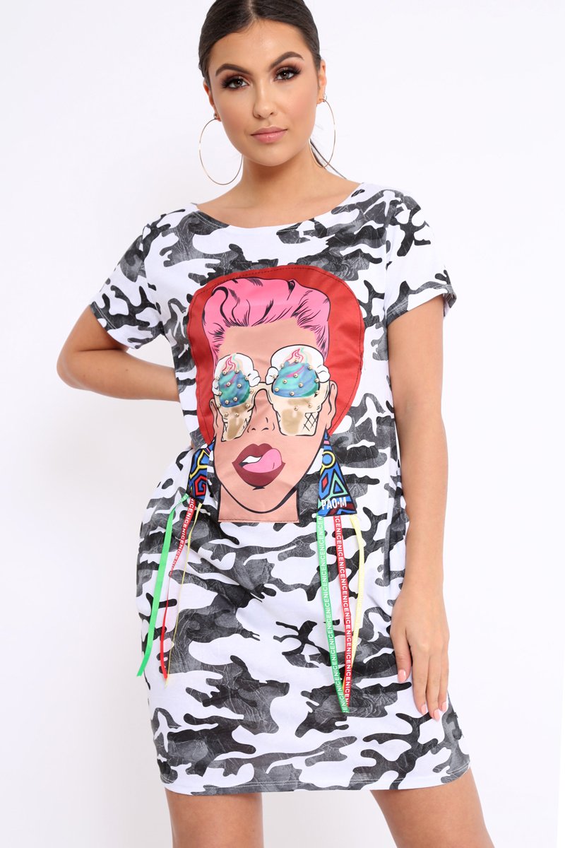 White Camo Crew Neck Girls Face T-shirt Dress with Tassels - Sway-Dresses