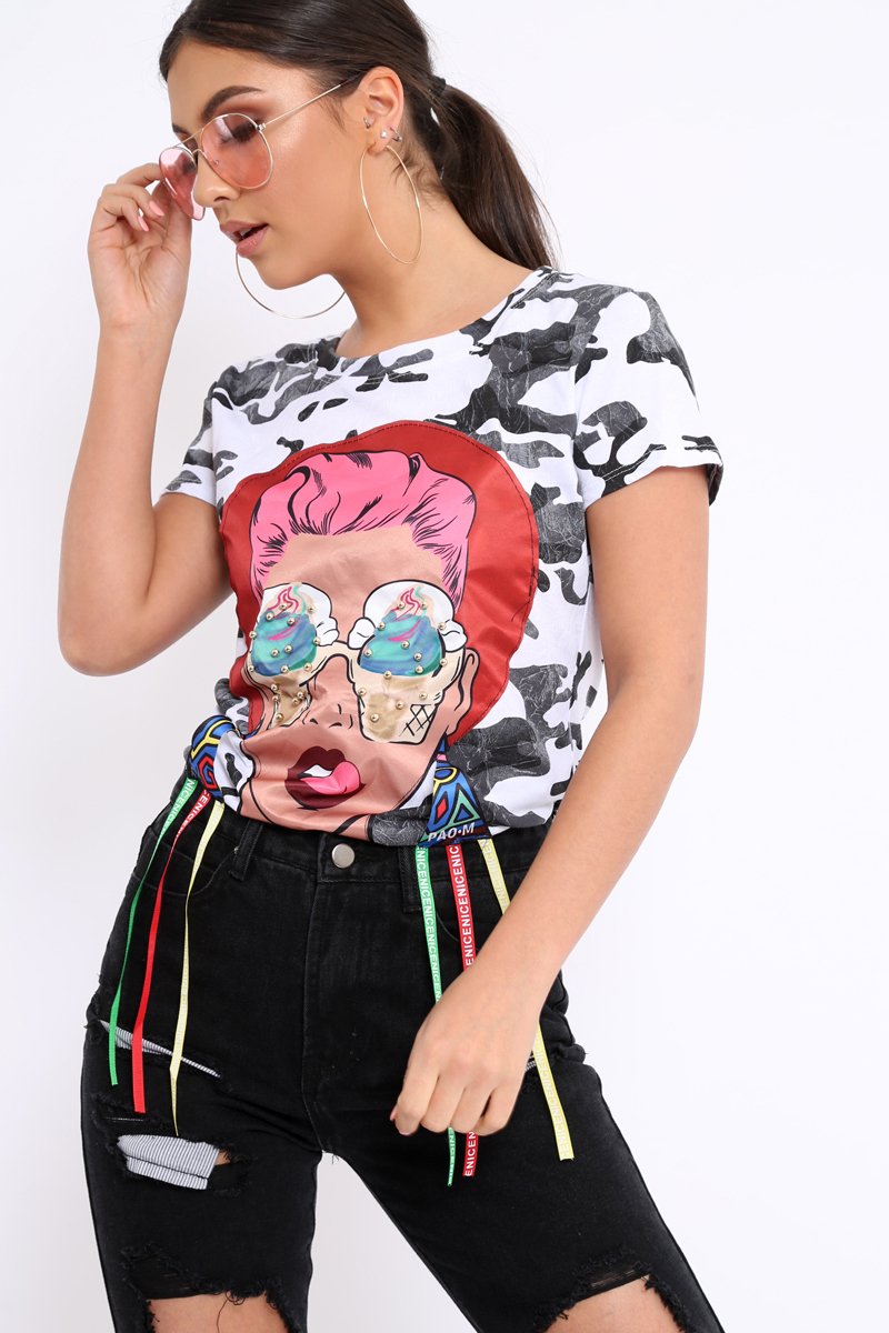 White Camo Crew Neck Girls Face T shirt with Tassels - Lenna-Tops