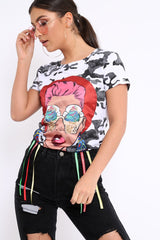 White Camo Crew Neck Girls Face T shirt with Tassels - Lenna-Tops