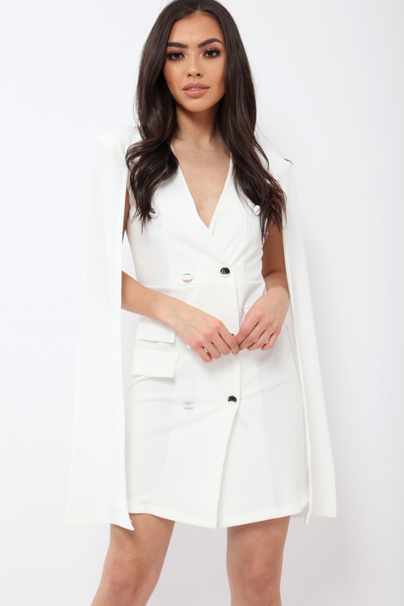 White Cape Style Blazer Dress - Rosy-Dresses