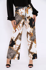 White Chain Leopard Pleated Wide Leg Trousers - Bess-Trousers