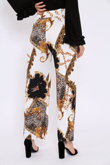White Chain Leopard Pleated Wide Leg Trousers - Bess-Trousers