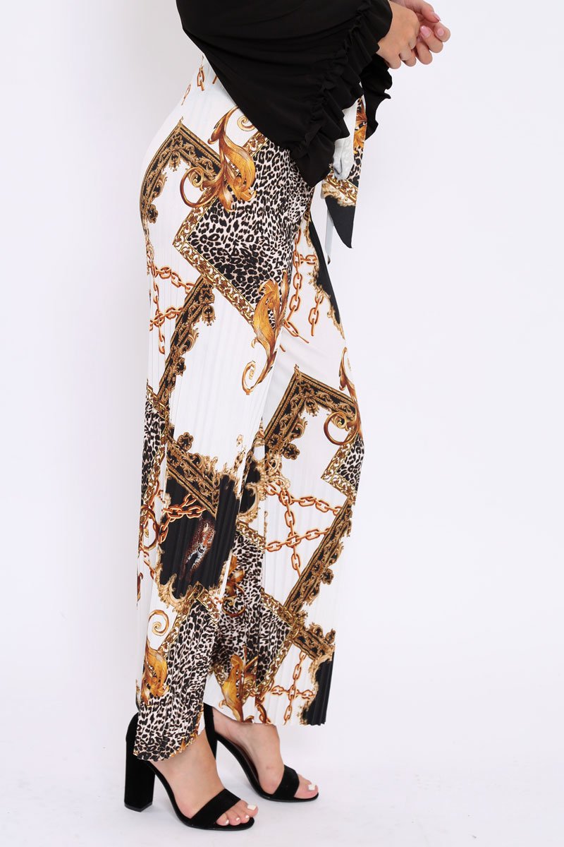 White Chain Leopard Pleated Wide Leg Trousers - Bess-Trousers