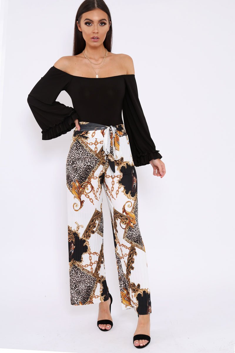 White Chain Leopard Pleated Wide Leg Trousers - Bess-Trousers