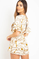 White Chain Print Ruffle Sleeve Playsuit - Parrish-Playsuits