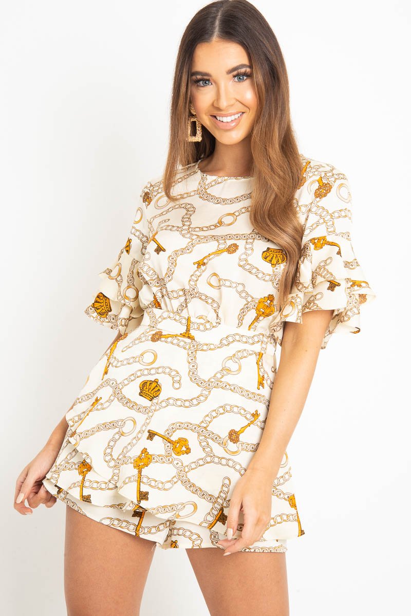 White Chain Print Ruffle Sleeve Playsuit - Parrish-Playsuits