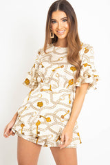 White Chain Print Ruffle Sleeve Playsuit - Parrish-Playsuits