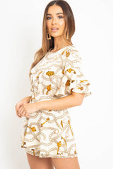 White Chain Print Ruffle Sleeve Playsuit - Parrish-Playsuits