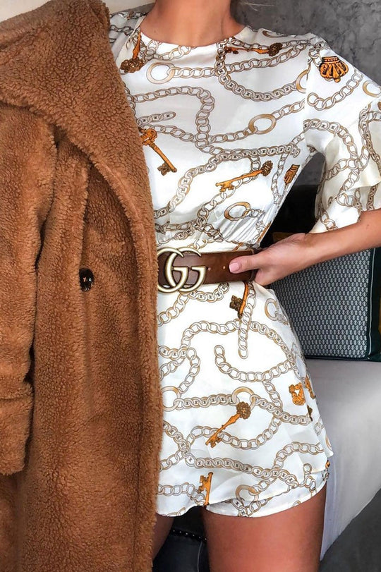 White Chain Print Ruffle Sleeve Playsuit - Parrish