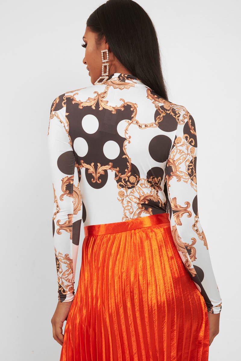 White Chain Print Slinky High Neck Bodysuit - Abira-Bodysuits