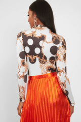 White Chain Print Slinky High Neck Bodysuit - Abira-Bodysuits