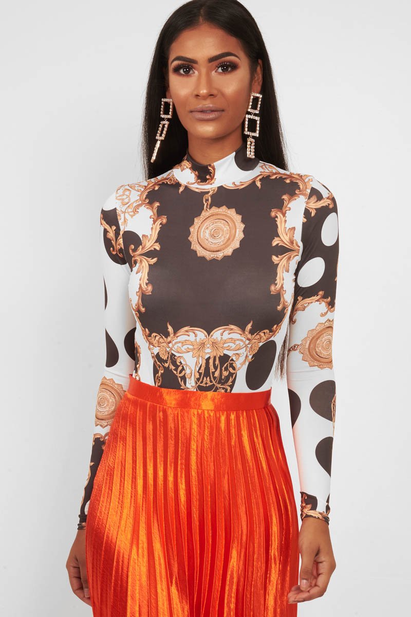 White Chain Print Slinky High Neck Bodysuit - Abira-Bodysuits