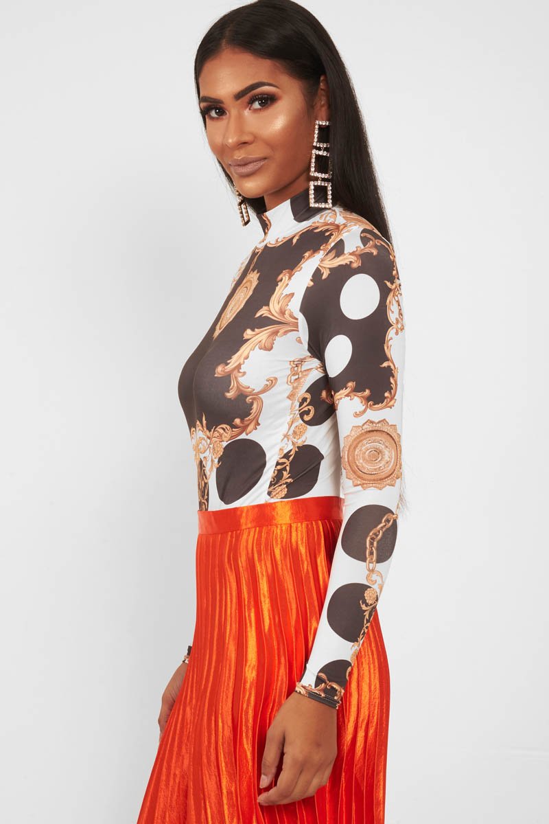 White Chain Print Slinky High Neck Bodysuit - Abira-Bodysuits