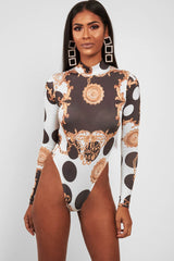 White Chain Print Slinky High Neck Bodysuit - Abira-Bodysuits