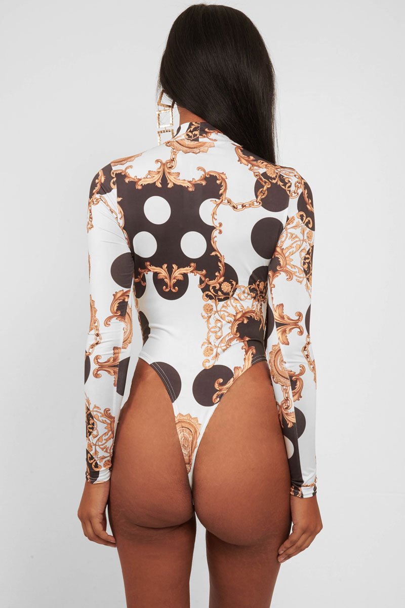 White Chain Print Slinky High Neck Bodysuit - Abira-Bodysuits