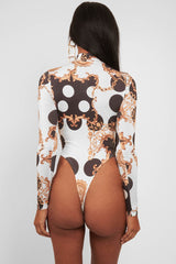 White Chain Print Slinky High Neck Bodysuit - Abira-Bodysuits
