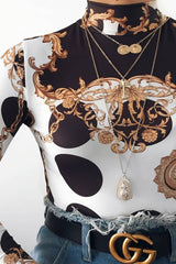 White Chain Print Slinky High Neck Bodysuit - Abira-Bodysuits