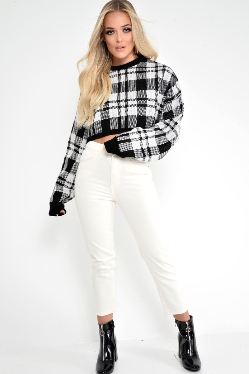 White Check Batwing Crop Knit Jumper - Marisa-Jumper