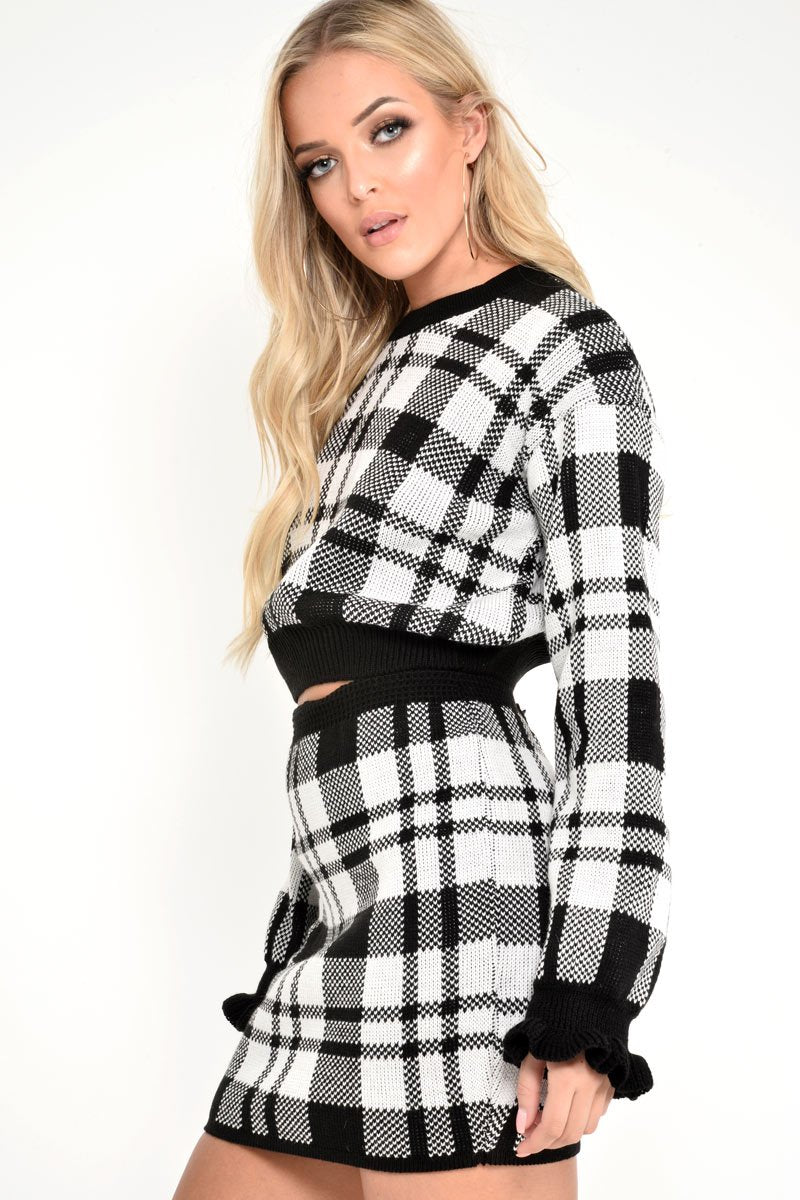 White Check Frill Cuff Knit Jumper - Lanelle-Jumper