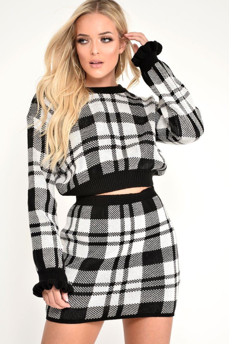 White Check Knit Mini Skirt - Crissy-Skirts