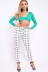 White Check Paper Bag Tie Waist Cigarette Trousers - Karmen-Trousers