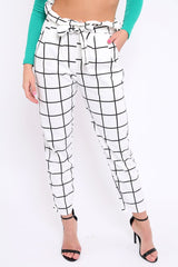 White Check Paper Bag Tie Waist Cigarette Trousers - Karmen-Trousers