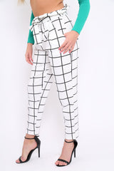 White Check Paper Bag Tie Waist Cigarette Trousers - Karmen-Trousers