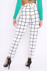 White Check Paper Bag Tie Waist Cigarette Trousers - Karmen-Trousers