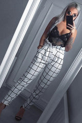 White Check Paper Bag Tie Waist Cigarette Trousers - Karmen-Trousers