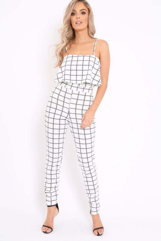 White Checked Crop Top and Trousers Co-ord Set - Linda