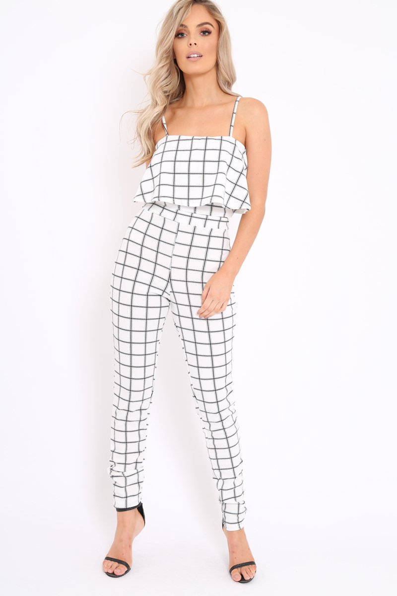 White Checked Crop Top and Trousers Co-ord Set - Linda-Co-ords