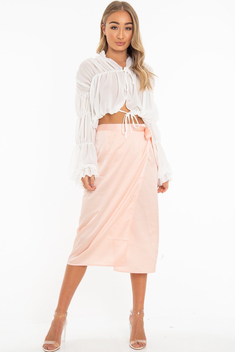 White Chiffon Balloon Sleeve Crop Tie Front Blouse - Amelia-Blouse