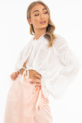 White Chiffon Balloon Sleeve Crop Tie Front Blouse - Amelia-Blouse
